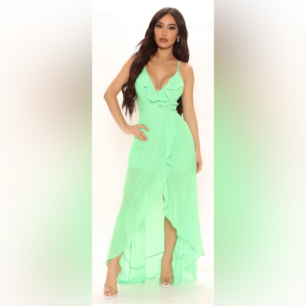 Fashion Nova Light Green Ruffle Maxi Dress NWT